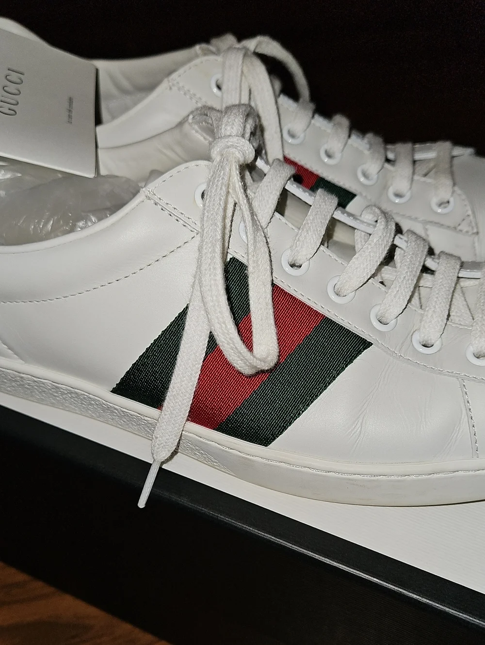 Gucci Ace White Leather Sneakers with Green & Red Web Stripe